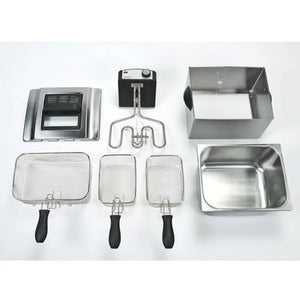 Bourgini Triple Deep Fat Fryer 5 Litre accessories and components laid out including stainless steel frying baskets with black handles, metal mesh strainers, control unit with dial, heating element, and rectangular frying pan on white background