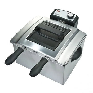 Bourgini Triple Deep Fat Fryer 5 Litre in stainless steel with black handles and control panel, featuring three separate frying baskets and digital temperature control dial