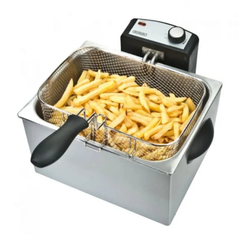 Bourgini Triple Deep Fat Fryer 5 litre stainless steel with black control panel and handles, filled with golden french fries in mesh basket