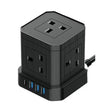 Black compact power tower with multiple AC outlets on all sides, USB ports and Type-C charging port on base, includes power cable, isolated on white background