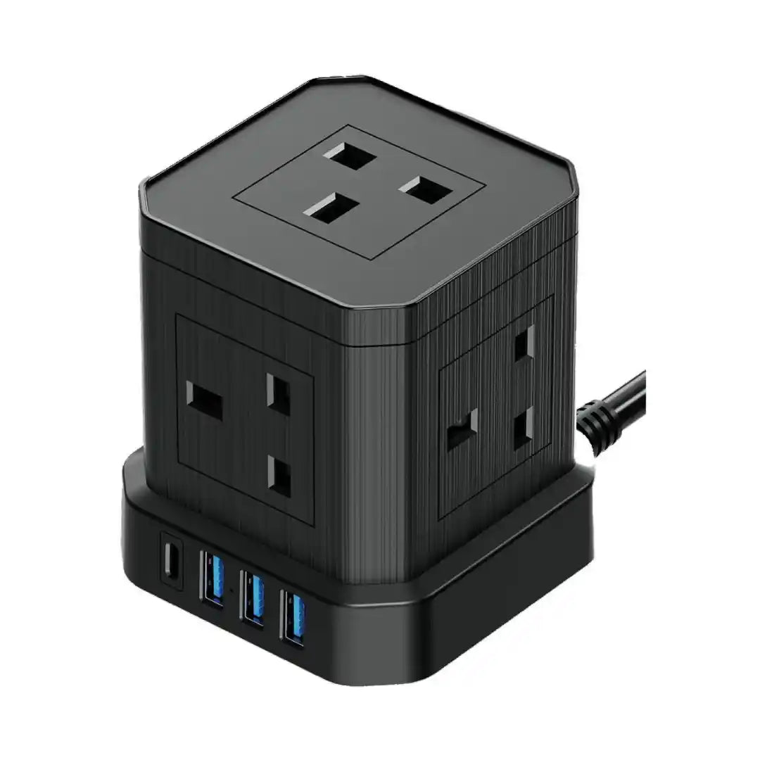 Black compact power tower with multiple AC outlets on all sides, USB ports and Type-C charging port on base, includes power cable, isolated on white background