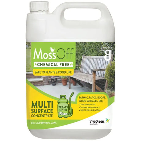 Viva Green Moss Off Chemical Free Multi Surface Concentrate 2 litre bottle with green and yellow label showing product benefits for treating tarmac patios roofs and wood surfaces