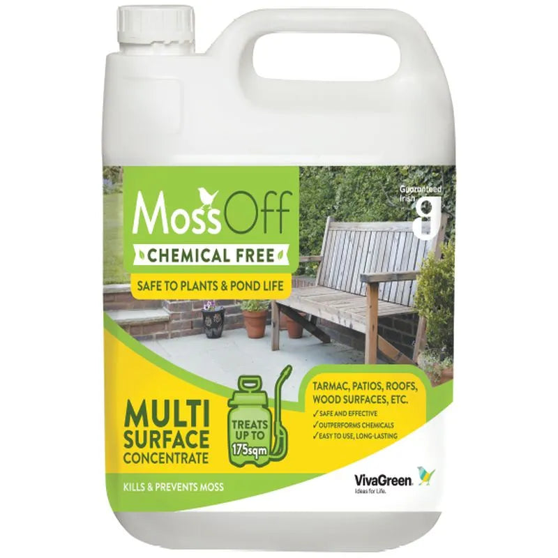 Viva Green Moss Off Chemical Free Multi Surface Concentrate 5 litre bottle with white handle and green and yellow label showing product information and usage guidelines for treating moss on patios, roofs and wood surfaces