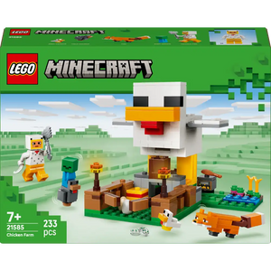 LEGO Minecraft Chicken Farm set 21585 featuring a white pixelated chicken structure with orange beak and yellow legs, surrounded by green baseplate with minifigures including a farmer character, a creeper, and orange fox, 233 pieces, age 7+