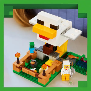 LEGO Minecraft Chicken Farm set 21585 featuring a white and yellow barn structure with a chicken coop, green baseplate with fencing, minifigures including a farmer character, orange and brown terrain pieces, and flame torches displayed against a blurred background