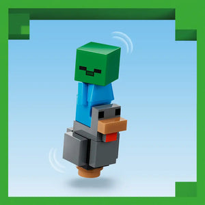LEGO Minecraft Chicken Farm set featuring stacked blocky figures with a green creeper head on top, blue torso, gray body sections, brown wooden blocks, and red details, displayed against a light blue background with green border frame