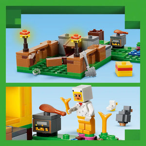 LEGO Minecraft Chicken Farm set 21585 showing a constructed brown wooden farm structure with green baseplate, furnace, crafting table, and pixel art style chicken character with orange and white coloring, displayed with additional accessory pieces and minifigures against blue sky background