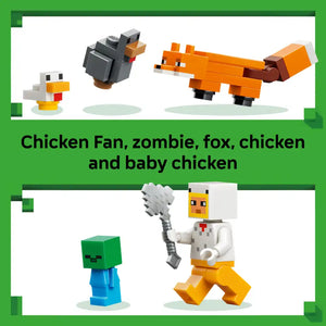 LEGO Minecraft Chicken Farm set 21585 featuring pixelated figures including white and orange chicken, baby chick, black zombie, orange fox, creeper, and minifigure with sword against green border background