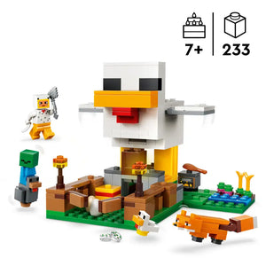 LEGO Minecraft Chicken Farm set 21585 featuring a white and yellow chicken coop with orange beak, surrounded by brown wooden fencing, green baseplate, minifigures including Steve and various animals, 233 pieces, recommended age 7+
