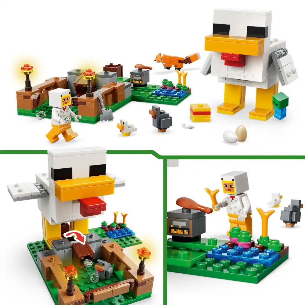 LEGO Minecraft Chicken Farm building set 21585 showing white chicken minifigure with yellow beak, multiple farm scenes with green baseplate, brown wooden structures, colorful block elements, eggs, and various Minecraft-themed accessories displayed from multiple angles