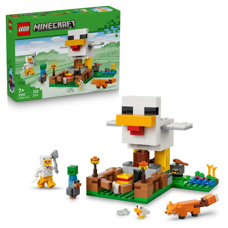 LEGO Minecraft Chicken Farm set 21585 featuring a large white and yellow pixelated chicken structure with black eyes and orange beak, brown wooden farm base on green baseplate, minifigures including a chicken herder and zombie, orange fox figure, and smaller yellow chickens against pixelated landscape background, 233 pieces for ages 7+