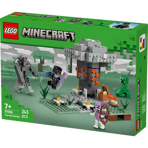 LEGO Minecraft The Pale Garden set 21586 featuring gray stone castle structure with orange details, minifigures including a warden and goat, green baseplate with flowers and vegetation, displayed against a green box packaging showing 243 pieces for ages 7+