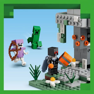 LEGO Minecraft The Pale Garden set 21586 featuring minifigures including a creeper and warden character, gray stone structure with orange lights, green foliage, pale wood planks, and construction elements on a light blue background with green border