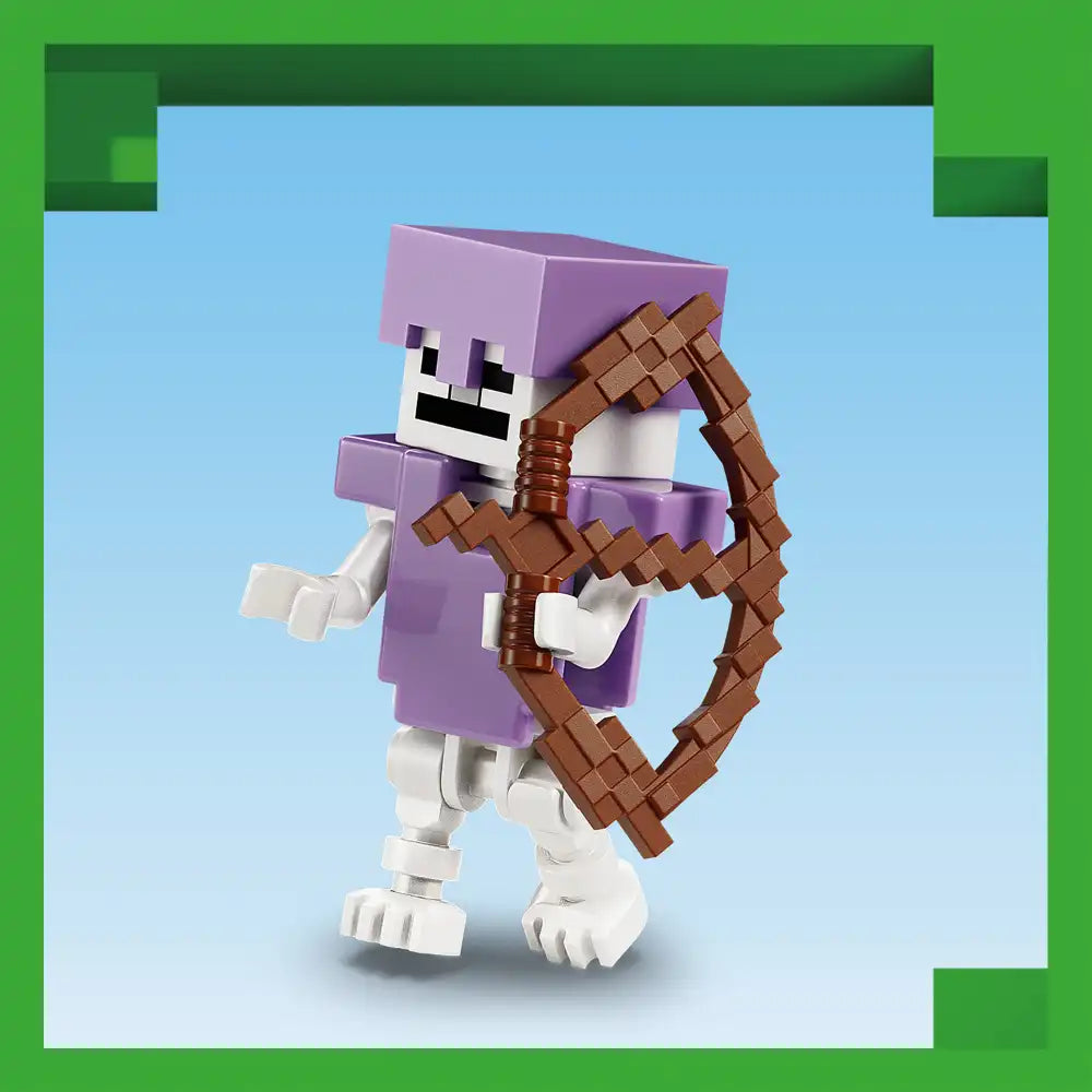 LEGO Minecraft Skeleton figure with purple robes and brown pixelated bow and arrow against light blue background with green border frame