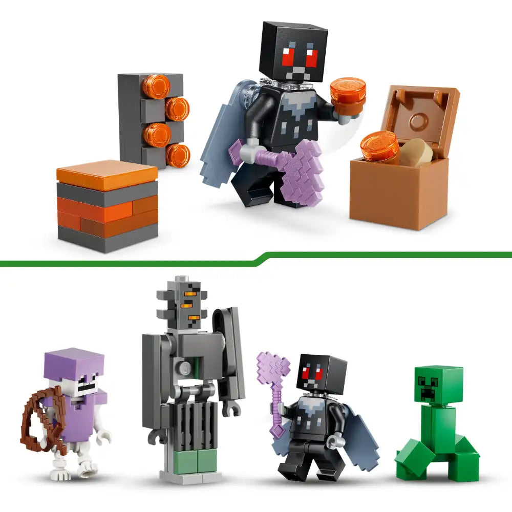 LEGO Minecraft The Pale Garden set 21586 featuring minifigures including a Warden with red eyes and purple spikes, Creeper in green, purple Endermite, and various brick accessories in orange, gray, and brown with glowing orange orbs and wooden elements displayed against white background