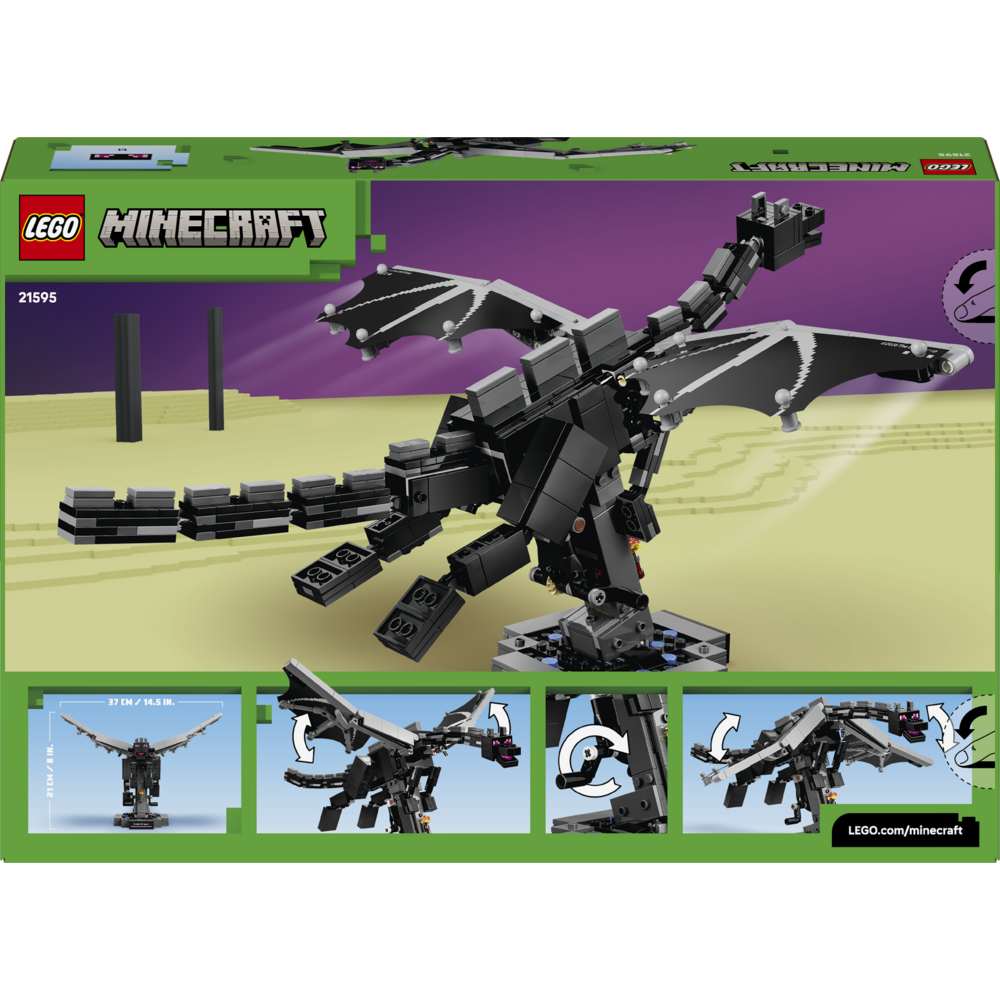 LEGO Minecraft The Ender Dragon 21595 - the back of the box showing play features and box contents. 710 pieces. Ages 10+.