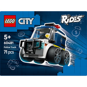 LEGO City Rides Police Truck set 60481 featuring a white and blue buildable police vehicle with black wheels and yellow accents, includes 71 pieces, recommended for ages 5 and up, displayed against a dark blue background with LEGO branding