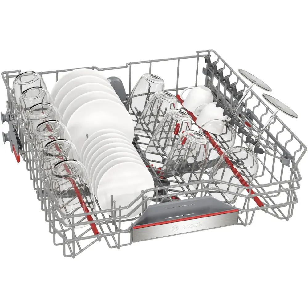 Bosch Series 6 stainless steel dishwasher open basket view showing white plates, glasses and red handled cutlery baskets with gray interior and red accent trim