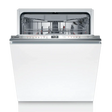 Bosch Series 6 fully integrated dishwasher with stainless steel control panel, white cabinet front, open door showing interior racks with place settings, digital display and touch controls visible