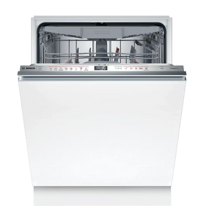 Bosch Series 6 fully integrated dishwasher with stainless steel control panel, white cabinet front, open door showing interior racks with place settings, digital display and touch controls visible