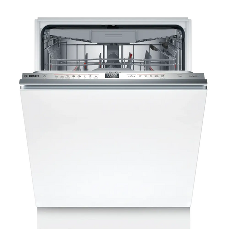 Bosch Series 6 fully integrated dishwasher with stainless steel control panel, white cabinet front, open door showing interior racks with place settings, digital display and touch controls visible