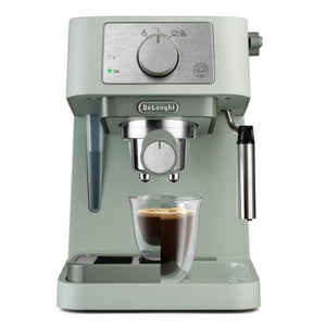 De'Longhi espresso machine with a cup of coffee on a white background