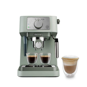 De'Longhi espresso machine with two cups of coffee on a white background