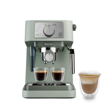 De'Longhi espresso machine with two cups of coffee on a white background