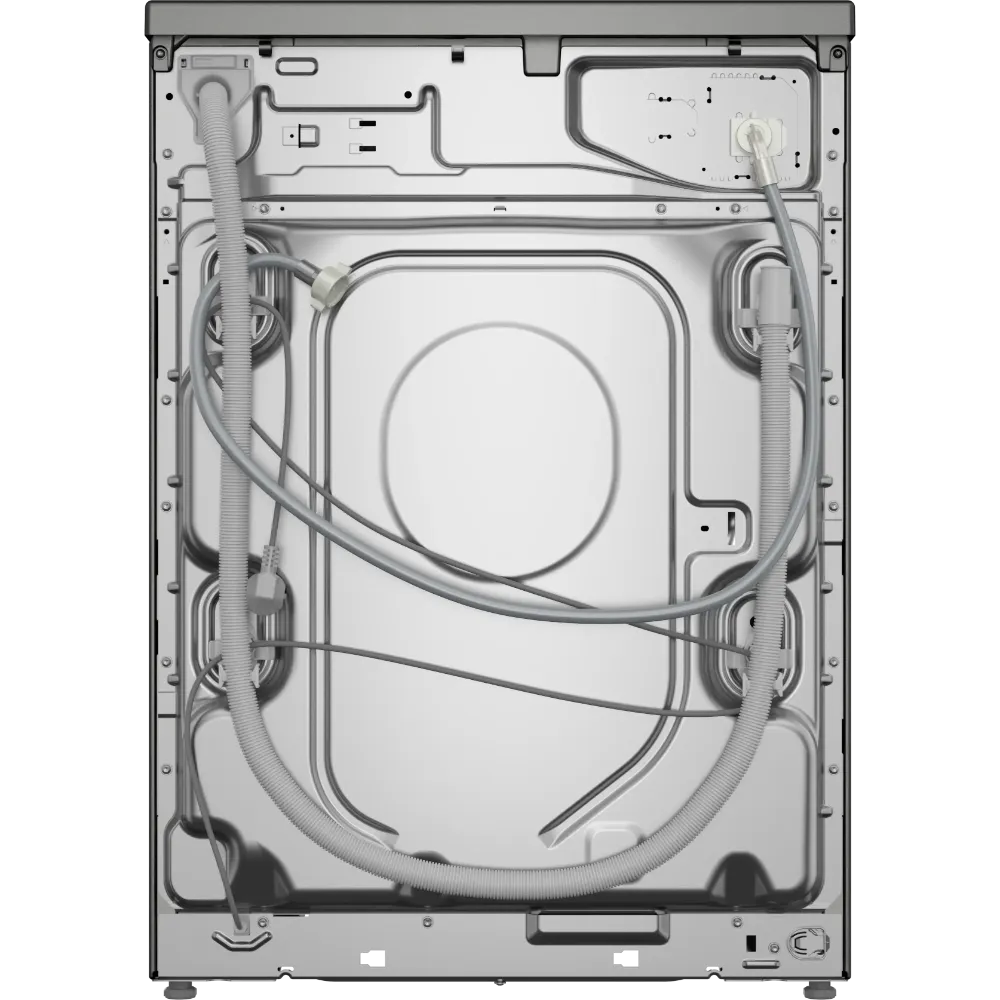 Bosch Series 6 washing machine rear interior view showing grey metal drum with inlet hoses and water supply connections