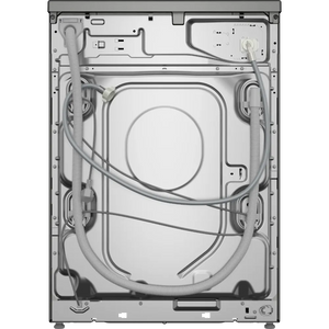 Bosch Series 6 washing machine rear interior view showing grey metal drum with inlet hoses and water supply connections