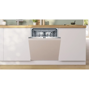 Bosch Series 6 integrated dishwasher with stainless steel control panel and black door handle, installed seamlessly into white cabinetry with wooden countertop in modern kitchen setting