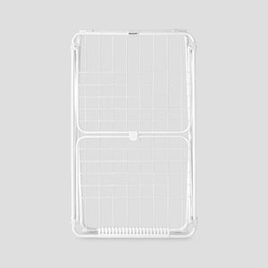 White metal clothes drying rack airer with grid pattern panels and rounded corners, shown from front view against grey background
