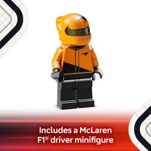 LEGO McLaren F1 Team MCL38 Race Car set 77251 featuring an orange and black racing driver minifigure with helmet and suit