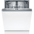 Bosch Serie 4 integrated dishwasher with white front panel, stainless steel control panel and digital display, 14 place setting capacity, 60cm width, fully integrated design