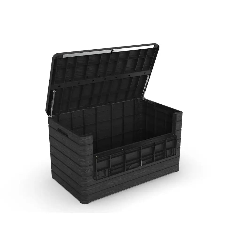 Large anthracite plastic garden storage box with open lid showing interior compartments and ventilation slots, featuring horizontal ribbed design and front latches for outdoor storage