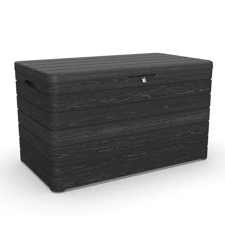 Toomax Dolomiti anthracite grey garden storage box with wood grain textured finish, 970 litre capacity, featuring lockable lid and integrated handles on sides