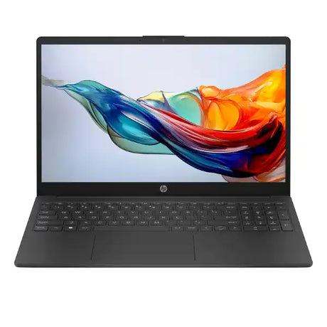 HP 15.6 inch black laptop with AMD Ryzen 3 7320U processor displaying colorful abstract wallpaper on screen, featuring full keyboard and touchpad