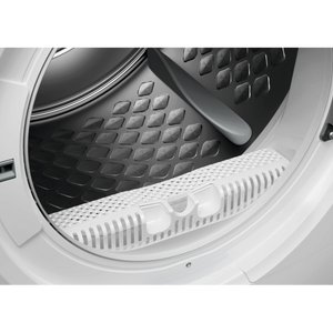 Dryer drum with interior view showing the mesh and rubber seal.