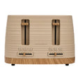 Morphy Richards Clay Felspar 4 slice toaster with beige ribbed body, wood grain base, dual extra-wide slots, and chrome accents on white background