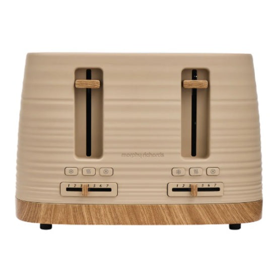 Morphy Richards Clay Felspar 4 slice toaster with beige ribbed body, wood grain base, dual extra-wide slots, and chrome accents on white background