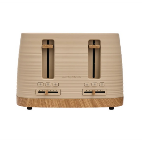 Morphy Richards Clay Felspar 4 slice toaster with beige ribbed body, wood grain base, dual extra-wide slots, and chrome accents on white background