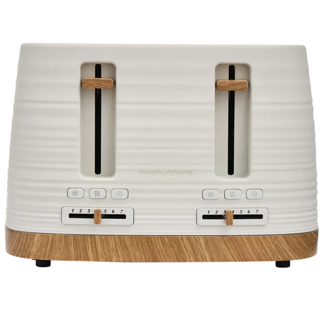 Morphy Richards Clay 4 slice toaster in white and natural wood with dual independent toasting slots, control buttons and browning dials on each side