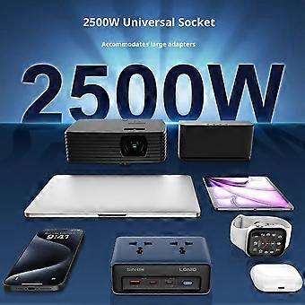LDNIO 5 in 1 desktop power strip with 2500W universal socket displayed with laptop, smartphone, smartwatch, projector and other compatible devices on blue background