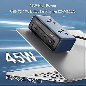 Ldnio 5 in 1 desktop power strip with 45W USB-C fast charger showing black charging unit on laptop with multiple ports including PD, FPS, SCP and QC3.0 support