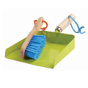 Child-sized dustpan and brush set with lime green plastic dustpan, blue bristle brush with wooden handle and red rope loop, and matching wooden handle with blue rope attachment