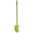Bright lime green children's garden spade with wooden handle and metal hook attachment for hanging