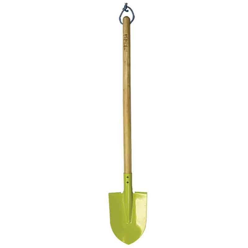 Bright lime green children's garden spade with wooden handle and metal hook attachment for hanging