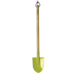 Bright lime green children's garden spade with wooden handle and metal hook attachment for hanging