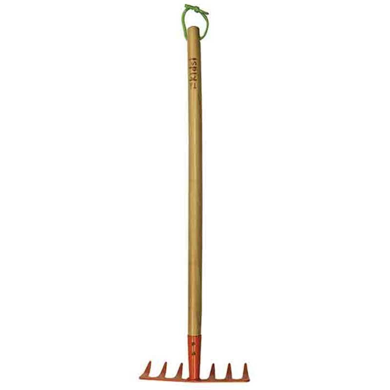 Smart Garden Soil Rake for Kids with wooden handle and red metal rake head featuring multiple tines, displayed against white background
