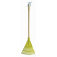 Green plastic leaf rake with natural wooden handle and blue rope loop hanger for children's gardening